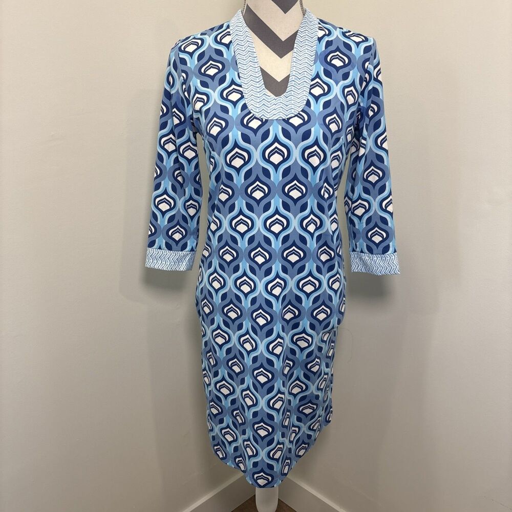 J.McLaughlin Women's S Small Blue White 3/4 Sleeve Catalina Cloth Stretchy Dress